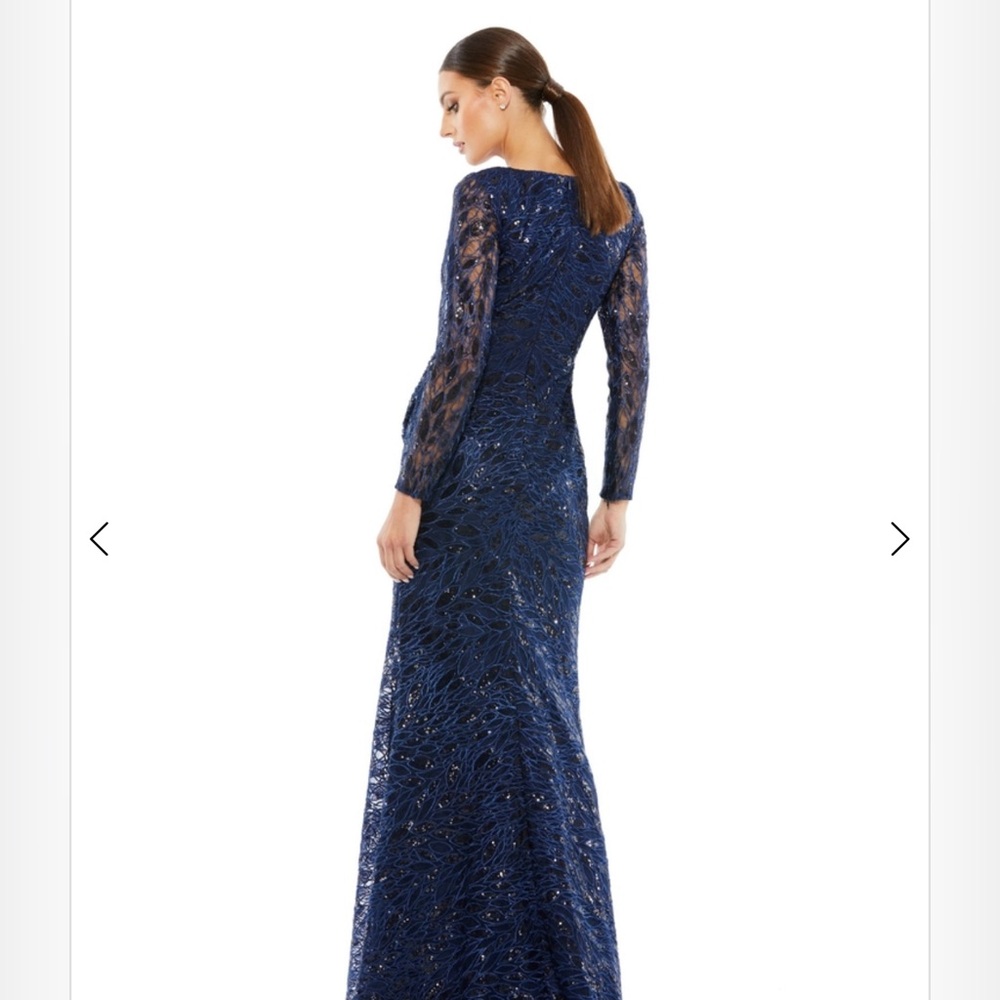 Long sleeve ruched sequined v neck gown - Picture 2 of 3